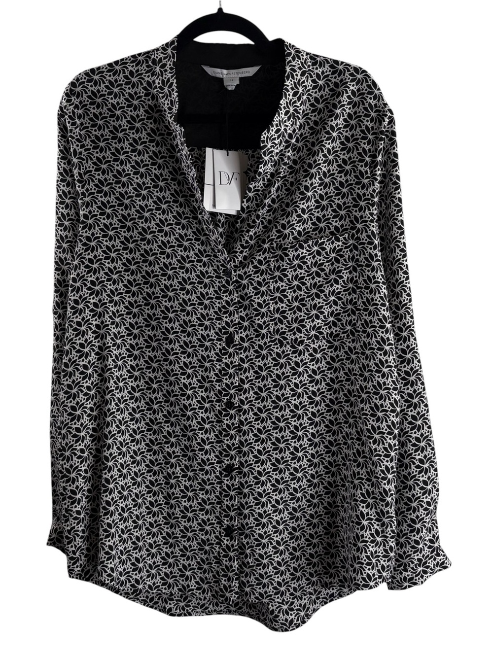 Diane Von Furstenberg Black and White Floral-Print Button Down Shirt NWT